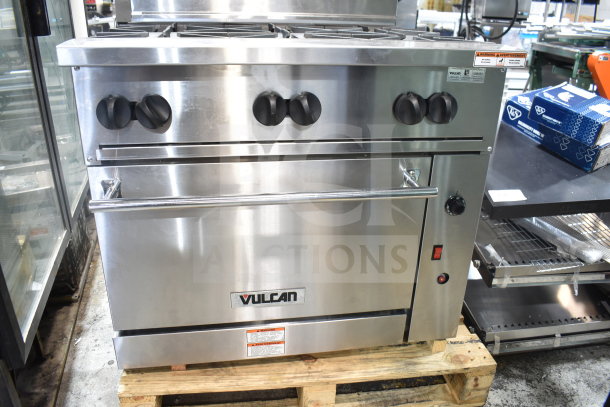BRAND NEW Vulcan 36C-6BP Liquid Propane Range, 6 burners, convection oven, 36", 215,000 BTU, slight scratches visible.