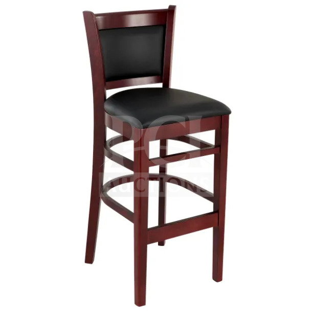 Brand new mahogany finish wood bar stool with cushion back and black vinyl seat, ideal for commercial use.