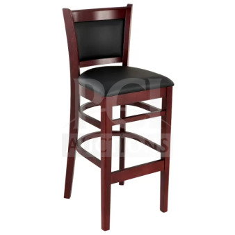 Brand new mahogany finish wood bar stool with cushion back and black vinyl seat, ideal for commercial use.