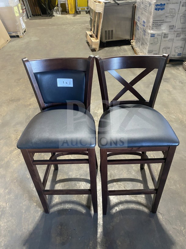 Brand new commercial bar stools, mahogany finish, cushion back, black vinyl seat, set of two.