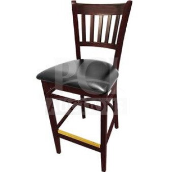 New commercial bar stool with mahogany wood finish, cushion back, and black vinyl seat. Ideal for restaurants.