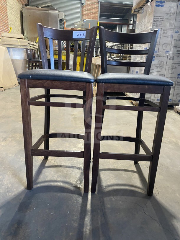 Brand new mahogany finish wood bar stools with cushion back and black vinyl seat, commercial quality, quantity 2.
