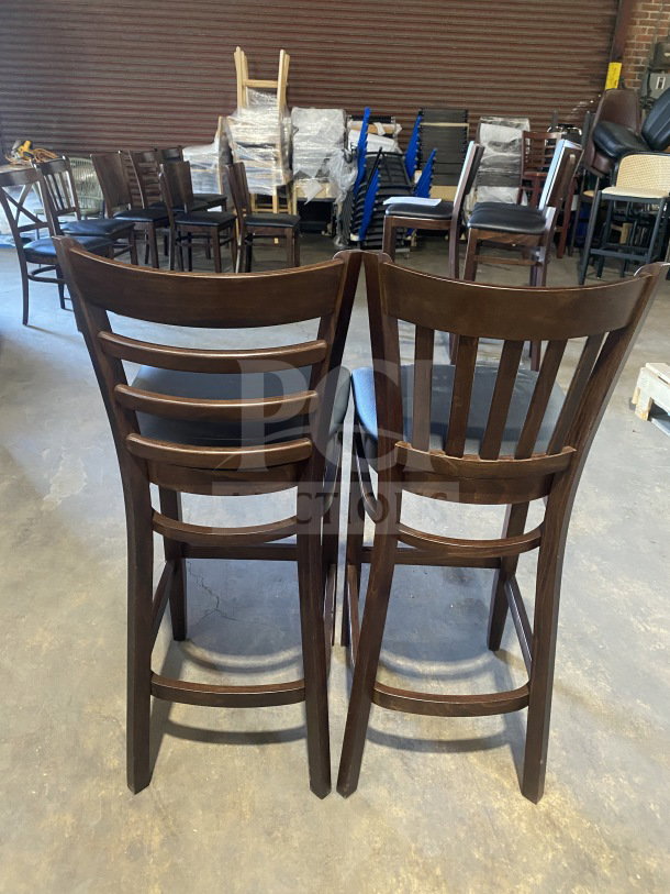 Brand new commercial mahogany finish wood bar stool, cushion back, black vinyl seat, set of two, excellent condition.