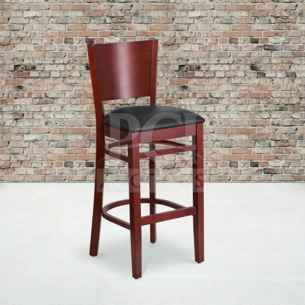 Brand new mahogany finish wood bar stool with cushion back and black vinyl seat, commercial quality.