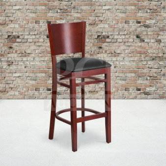 Brand new mahogany finish wood bar stool with cushion back and black vinyl seat, commercial quality.