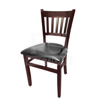 Brand new mahogany finish wood dining chair with black vinyl seat, table-height, commercial quality.