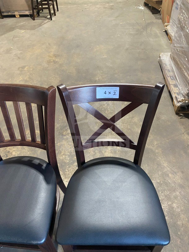 Brand new commercial dining chairs, mahogany finish, black vinyl seat, table-height, 2x your bid, visible auction tag.