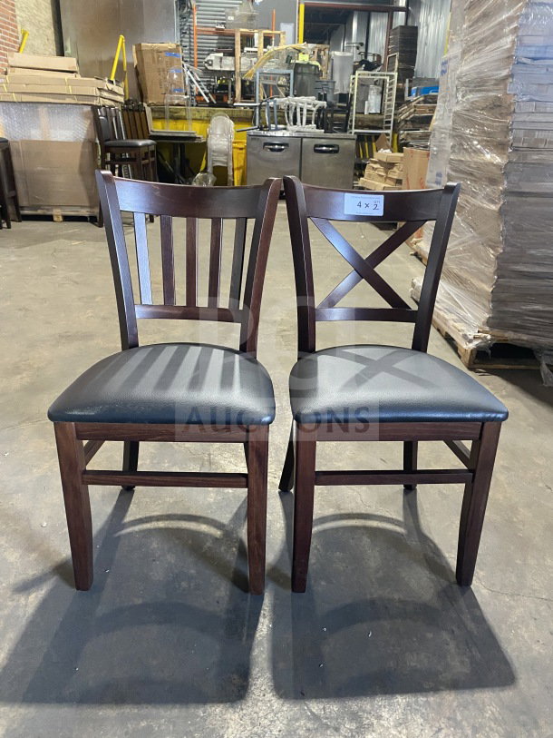 Brand new mahogany dining chairs, table-height, black vinyl seats. Commercial quality, 2 available per bid.