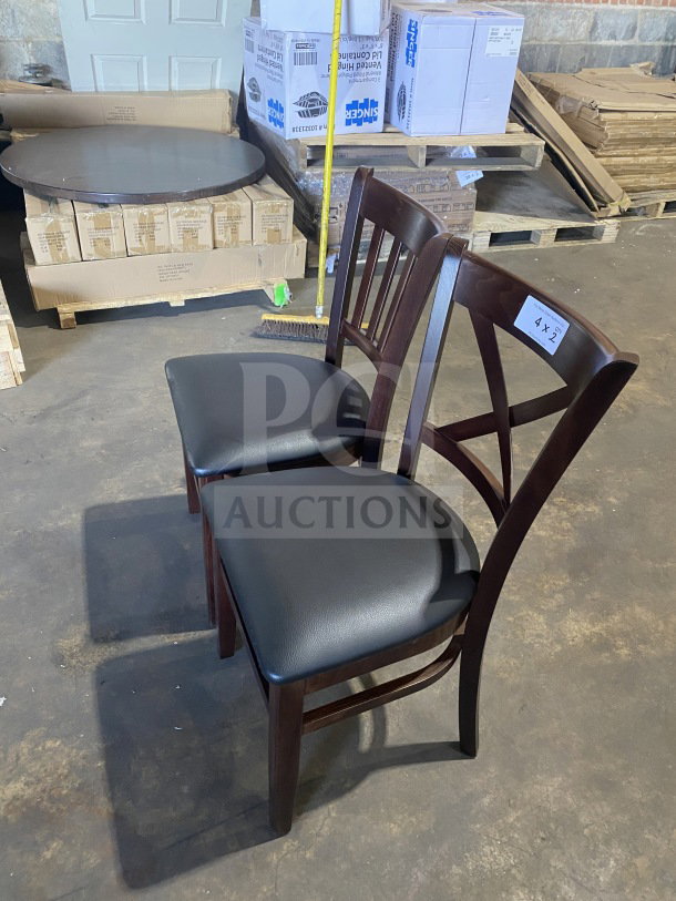 Brand new commercial mahogany finish wood dining chairs with black vinyl seat. Table-height, set of two.