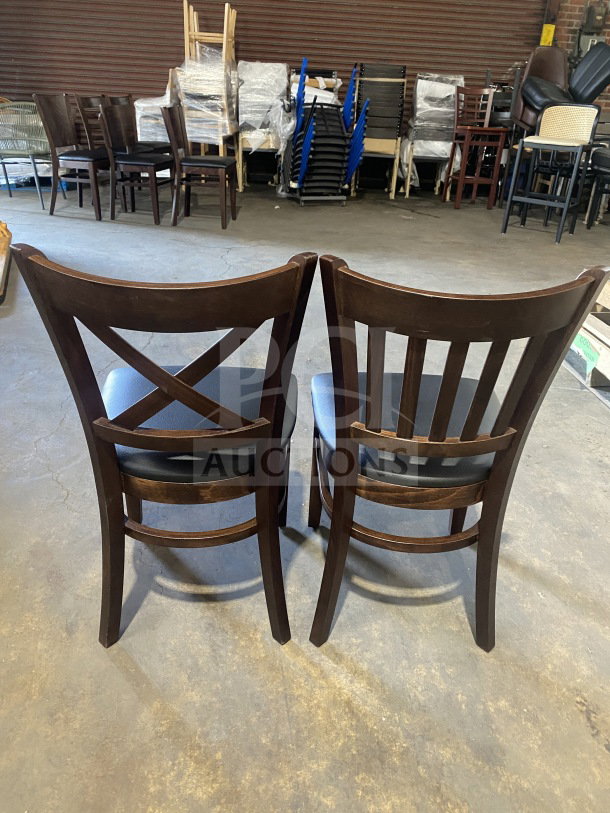 Brand new mahogany finish wood dining chairs with black vinyl seats, table-height, commercial quality, set of two.