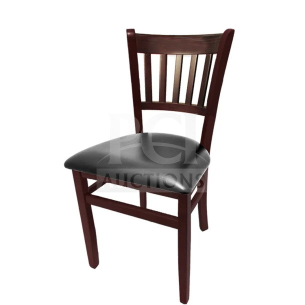 Brand new commercial dining chair, mahogany finish, wood frame, black vinyl seat, table-height, auction of 2 chairs.