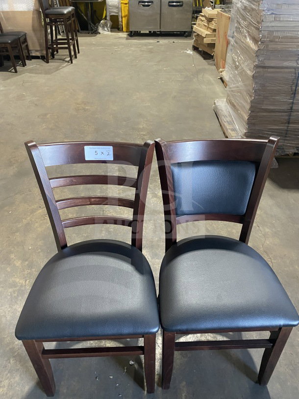 Brand new mahogany wood dining chairs, table-height, black vinyl seats, commercial use, set of 2, label indicates lot 5x2.