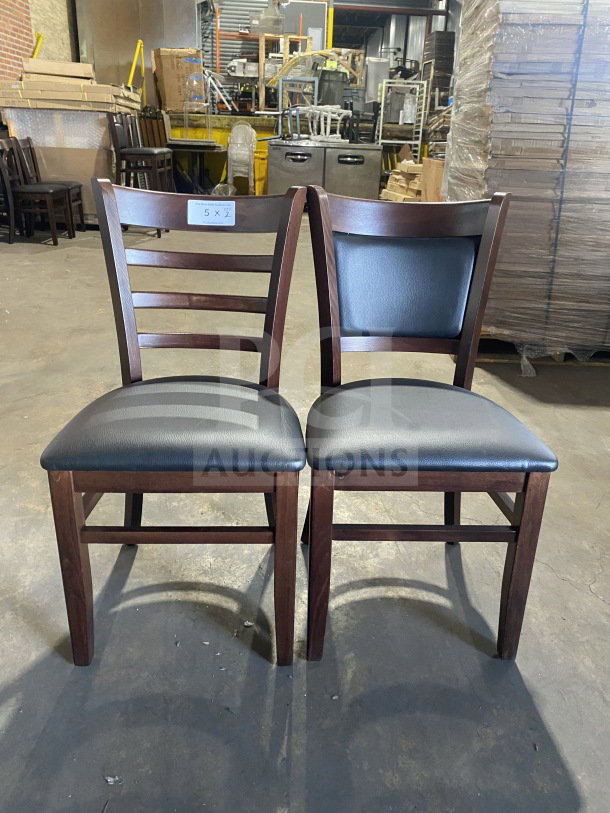 Brand new mahogany finish dining chairs, table-height, with black vinyl seats, label indicating size 5x7, duo set.