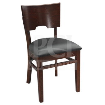 Commercial mahogany finish wood dining chair with black vinyl seat, brand new, solid construction, stylish design.