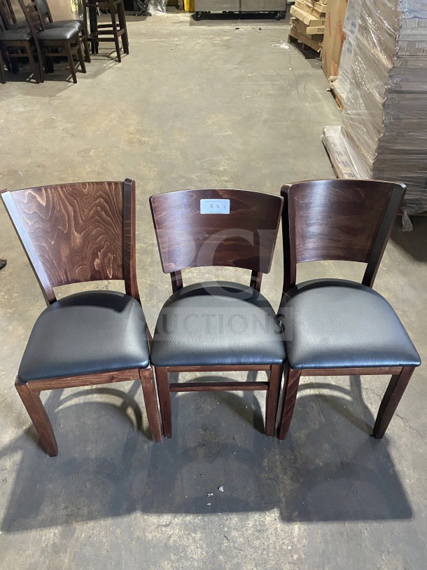 Brand new commercial dining chairs, mahogany finish wood, black vinyl seats, table-height, set of three, labeled 6x3.