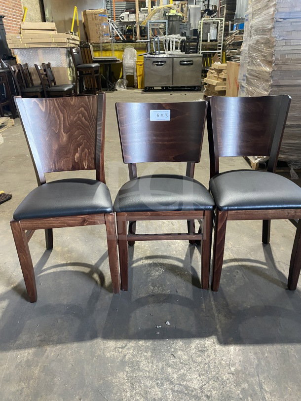 BRAND NEW mahogany finish dining chairs with black vinyl seats, table-height, commercial quality, labeled "6 x 3".