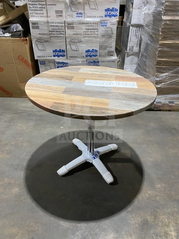 BRAND NEW Durowood DW42 36" round dining table with commercial barn wood plank top and polished base.