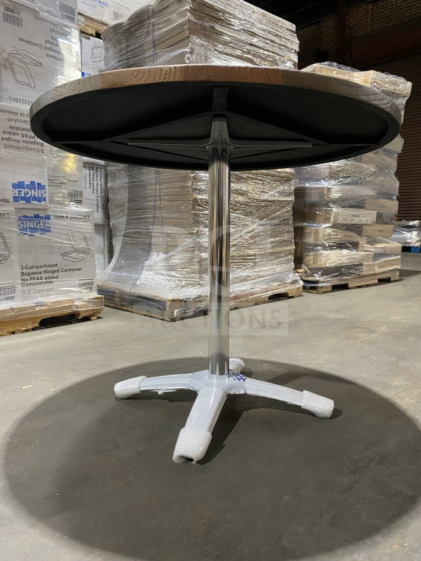 Durowood DW42 36" round dining table with commercial barn wood plank top and polished base, new condition.