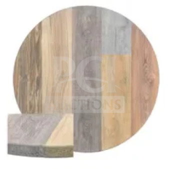 Durowood DW42 36" round composite dining table with barn wood plank design; polished base; brand new condition.