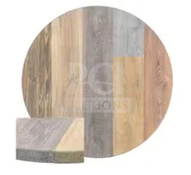 Brand new Durowood DW42, 36" commercial round dining table with barn wood plank composite top and polished base.