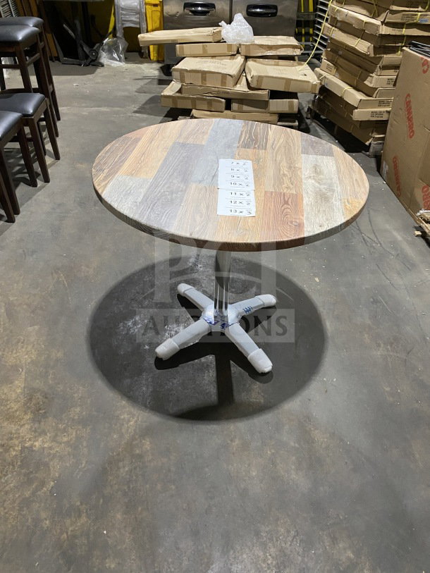 BRAND NEW Durowood DW42 36" round composite dining table, barn wood plank design, polished base, commercial use.