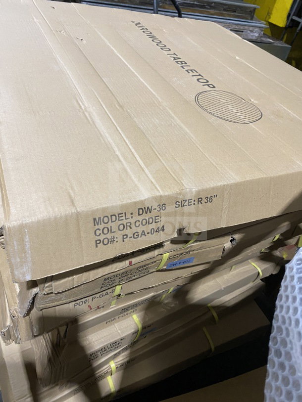 Durowood OCS 36" commercial barn wood plank round composite dining table in box, model DW42, polished base.