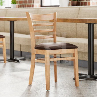 Brand new commercial natural wood ladder back chair with dark brown vinyl seat. Assembled, ready for use.