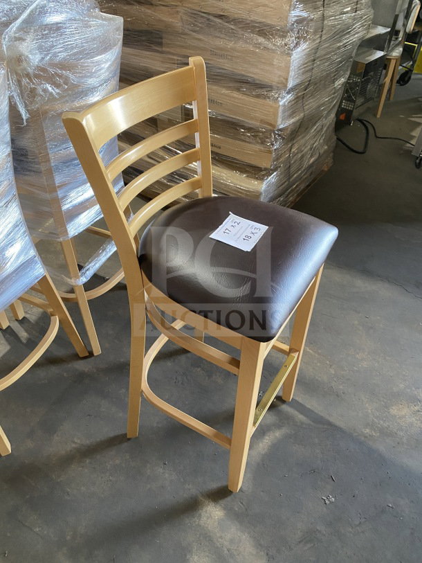 Brand new commercial ladder back chair, natural wood finish, dark brown vinyl seat, assembled, dimensions on label: 17.5"x18.5".