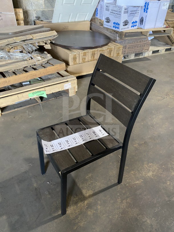 Brand new commercial outdoor teak chair, black metal frame, gray slats, excellent condition, value 4X your bid.