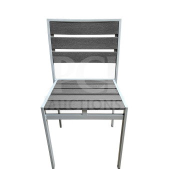 Brand new commercial outdoor teak chair with gray slats, featuring a sturdy design and modern style.
