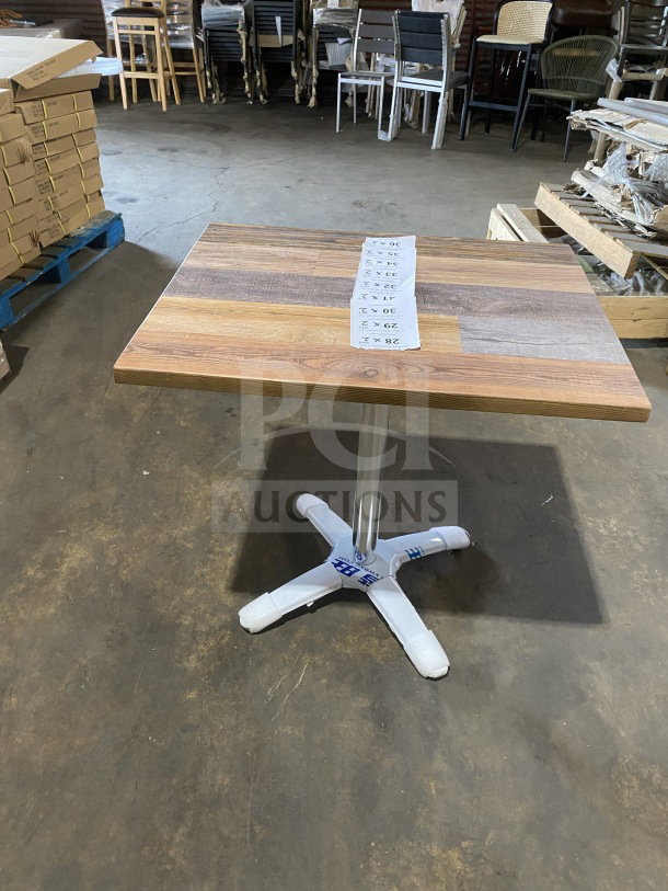 BRAND NEW OCS barn wood plank dining table, 24x30 inch, polished base, Model DW-2430, in pristine condition.