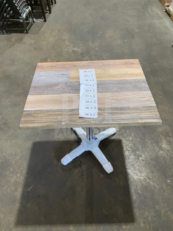 BRAND NEW OCS Barn Wood Plank 24x30 Dining Table, Model DW-2430, polished base, pristine condition, tag with size details.