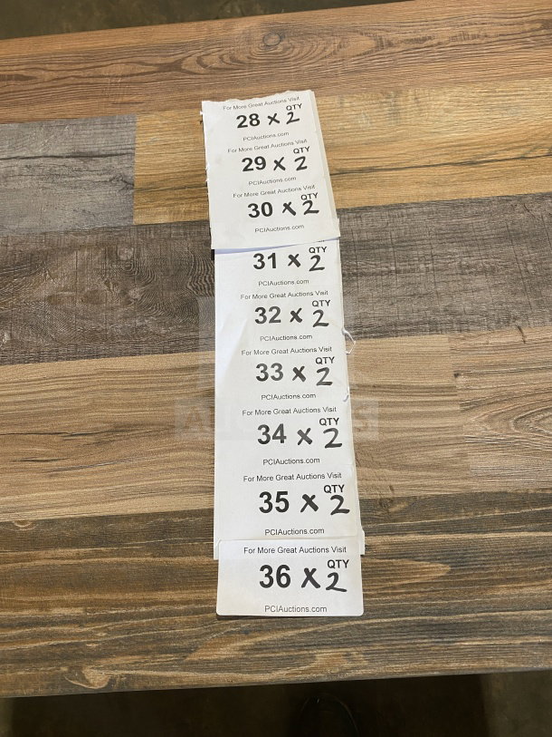 BRAND NEW OCS Barn Wood Plank Table, Model DW-2430, 24x30 inches, dining height, polished base, tags with auction info shown.
