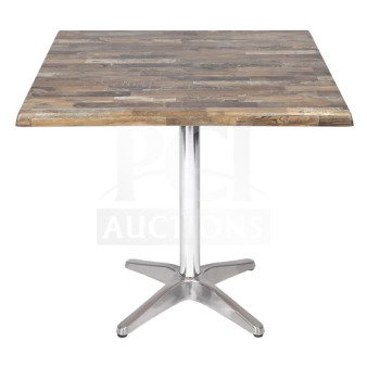 BRAND NEW OCS Barn Wood Plank Dining Table, 24x30 inch, Model DW-2430. Features polished metal base, rustic top design.