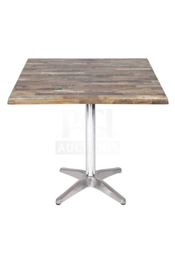 BRAND NEW OCS barn wood plank dining table, Model DW-2430, 24x30 inches, polished metal base, auction item.