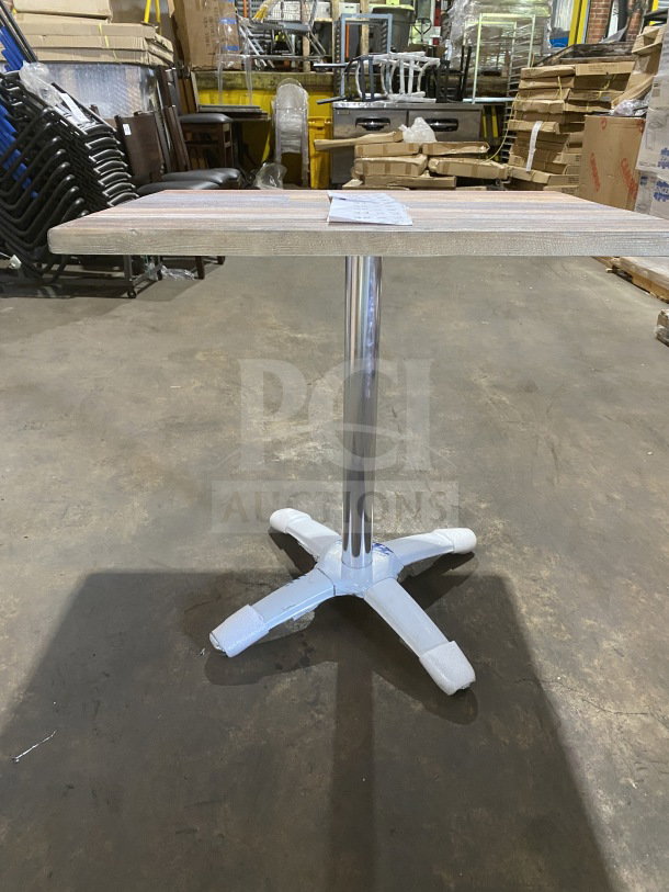 BRAND NEW OCS Barn Wood Plank DW-2430 Dining Table, 24x30 inches, polished base, packaging intact, ready for auction.
