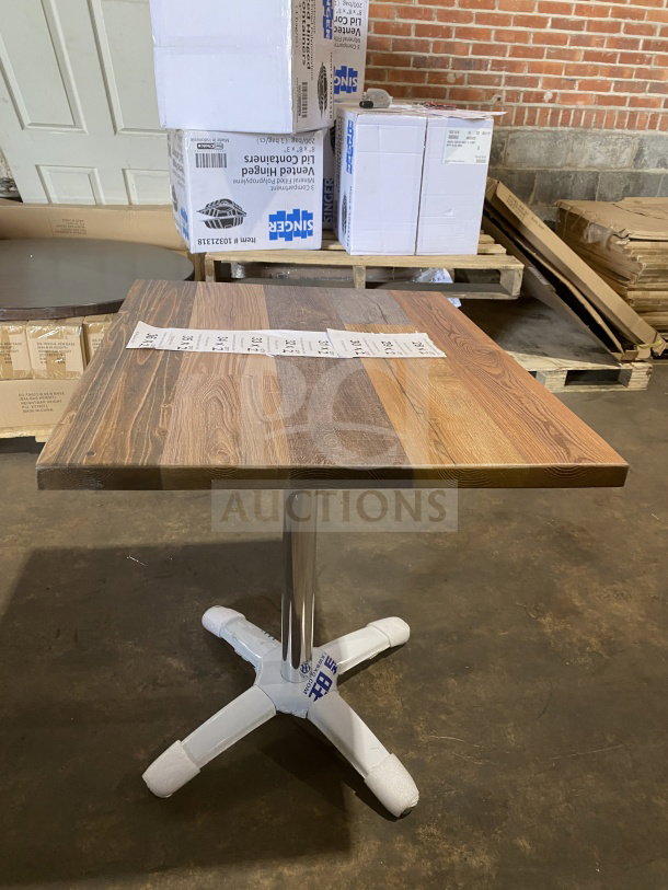 BRAND NEW OCS Barn Wood Plank Dining Table, Model DW-2430, 24x30 inches with polished metal base, in pristine condition.