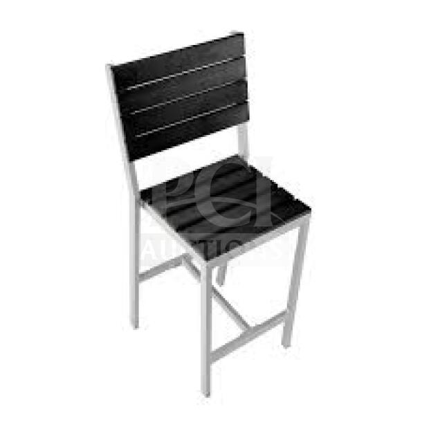 Brand new commercial outdoor teak chair with black slats, featuring durable construction and modern design.