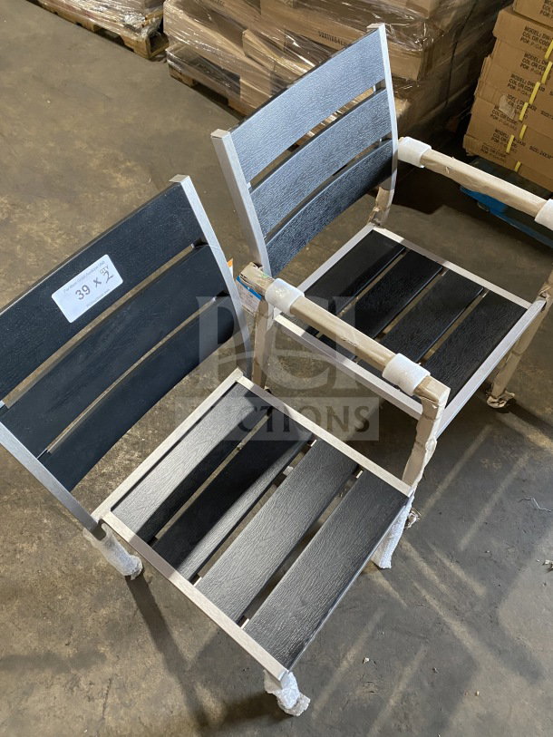 Brand new commercial outdoor teak chairs with black slats; protective wrapping; tag indicates size "39 x 2".