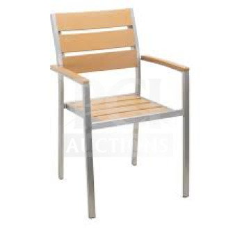 Brand new commercial aluminum outdoor stackable restaurant armchair with tan synthetic teak slats.