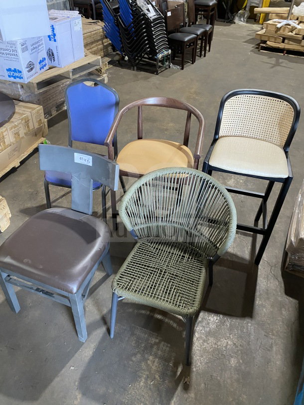Assorted commercial seating sample lot, brand new. Includes five diverse chairs with unique designs and materials.