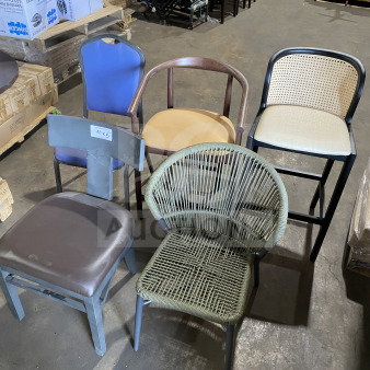 Assorted commercial seating sample lot, brand new. Includes five diverse chairs with unique designs and materials.