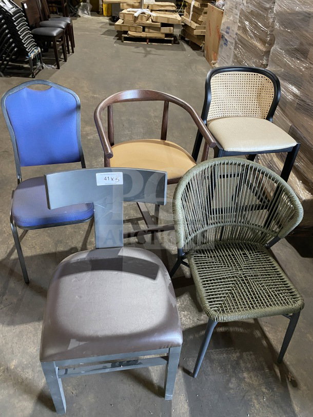 Assorted premium seating sample lot includes five new commercial chairs of varied designs and materials, tag reads "41 x 5".