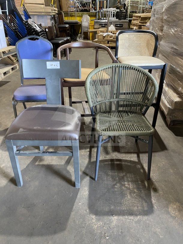 Brand new commercial seating sample lot featuring five varied chair designs. Includes materials like metal, wicker, and fabric.