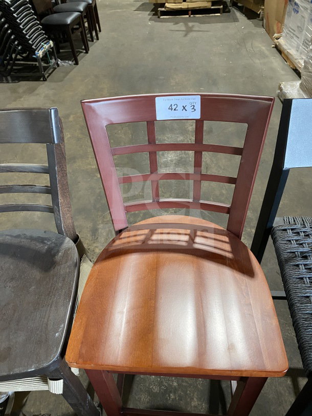 Bar height chair, brand new, with a wooden lattice back and seat. Tag reads "42 x 3 PCAuctions.com."
