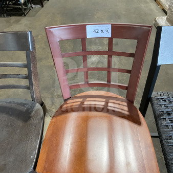 Bar height chair, brand new, with a wooden lattice back and seat. Tag reads "42 x 3 PCAuctions.com."