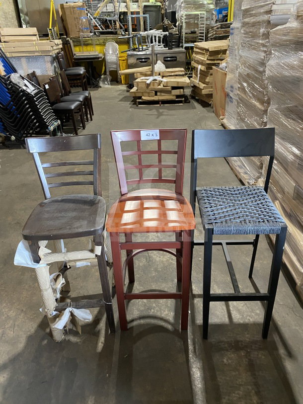 Set of three brand new commercial bar-height chairs with varied designs. Includes wooden, woven, and slatted styles. Marked "42 x 3."