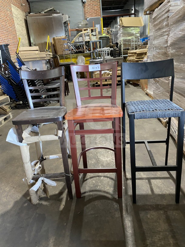 Brand new commercial bar-height seating sample lot, three different chairs, in new condition. Center chair labeled "42 x 3."