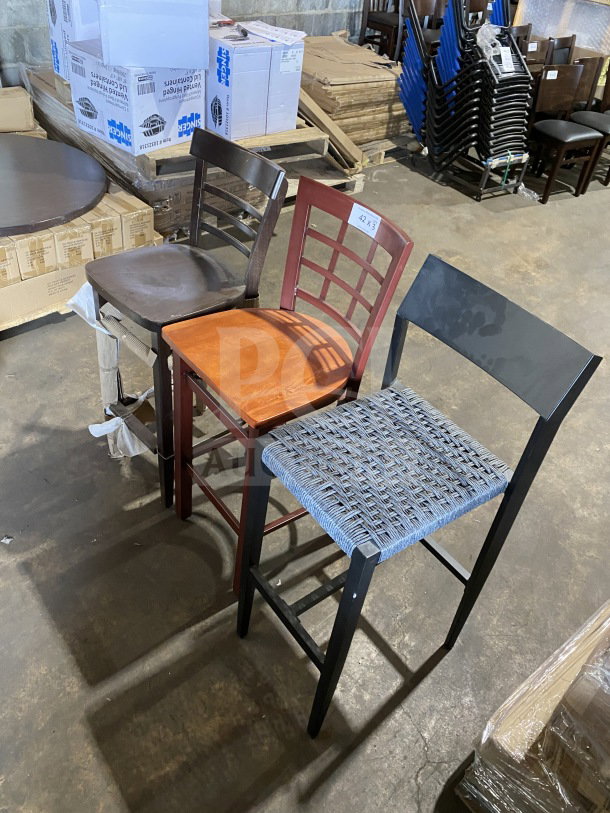 Brand new commercial bar height chairs, assorted designs, solid wood and woven seats, auction lot featuring 3 items.