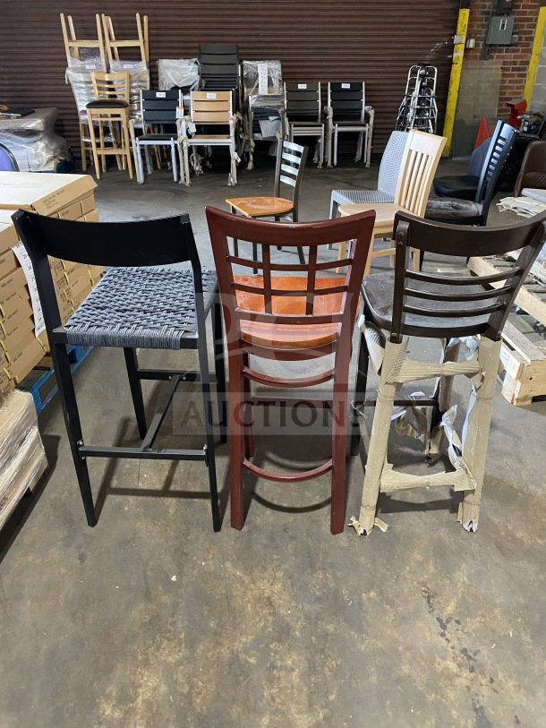 Brand new bar height seating sample lot, three styles, wood and metal frames, woven and slatted back designs, commercially graded.